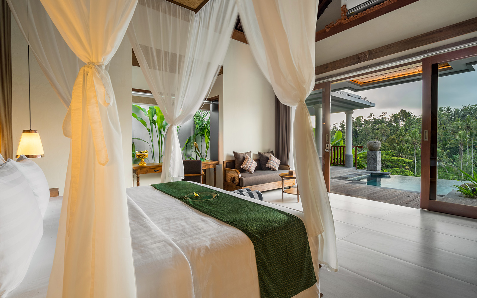 Spacious deluxe private pool villa in Ubud Bali with modern Balinese interior design