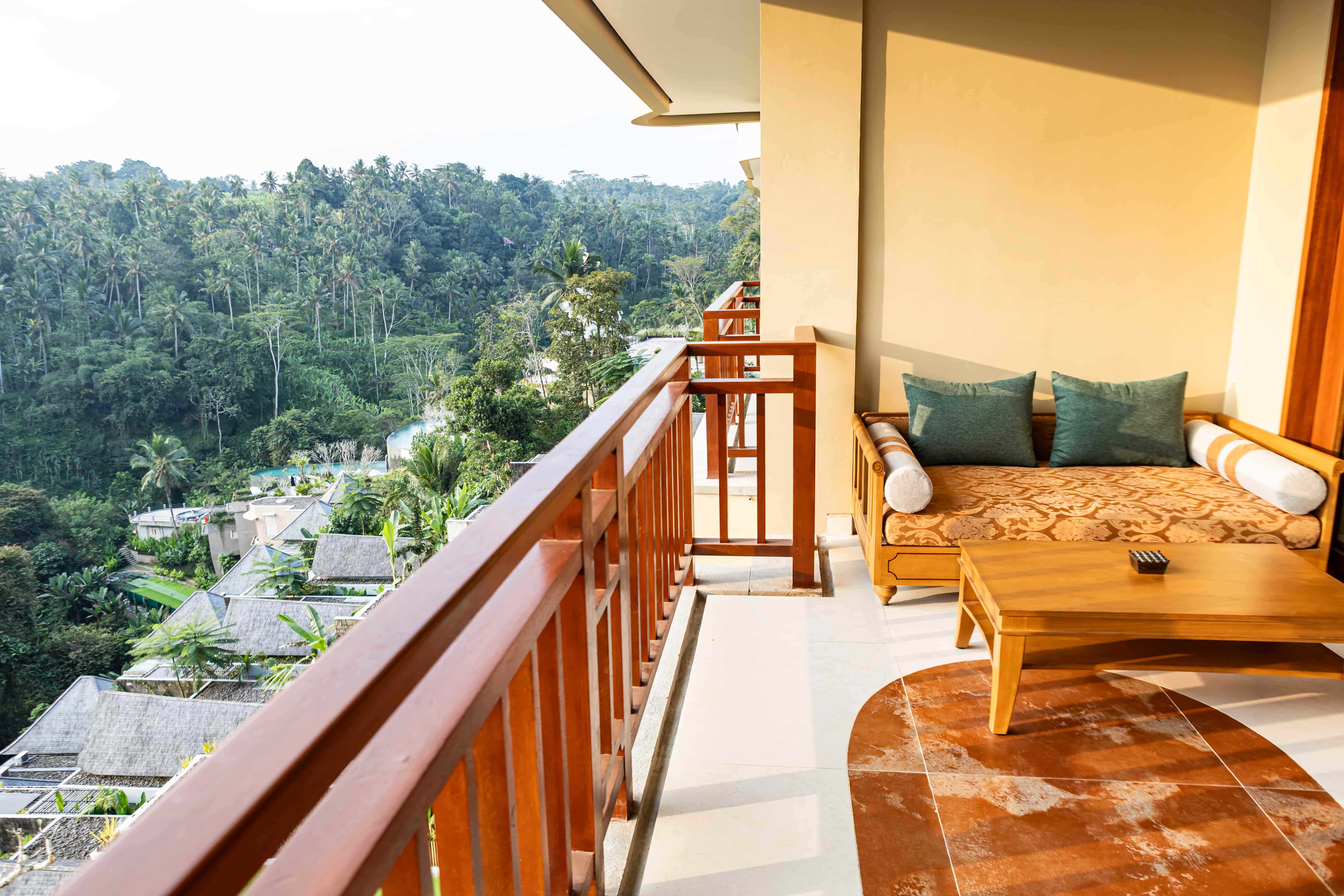 Private balcony with jungle view from deluxe suite room in Ubud Bali